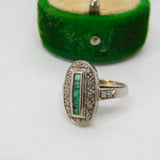 Art Deco 18ct Gold, Baguette Cut Emerald & Diamond Cocktail Ring Antique c1920