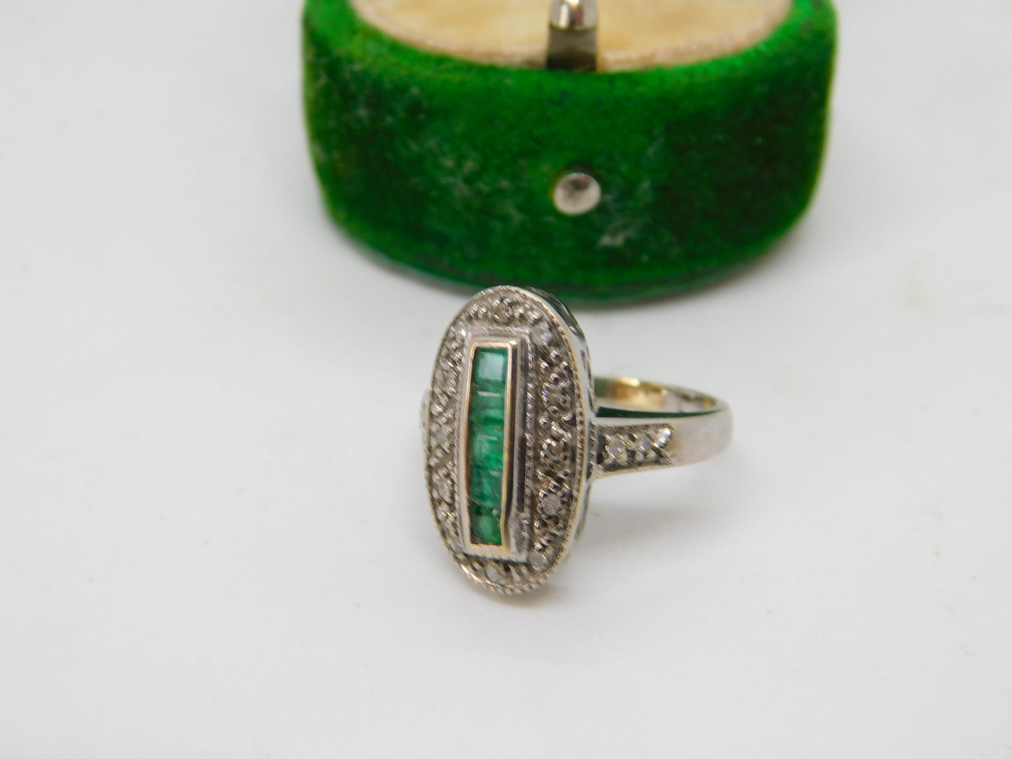 Art Deco 18ct Gold, Baguette Cut Emerald & Diamond Cocktail Ring Antique c1920