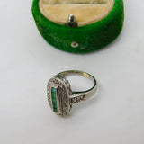 Art Deco 18ct Gold, Baguette Cut Emerald & Diamond Cocktail Ring Antique c1920