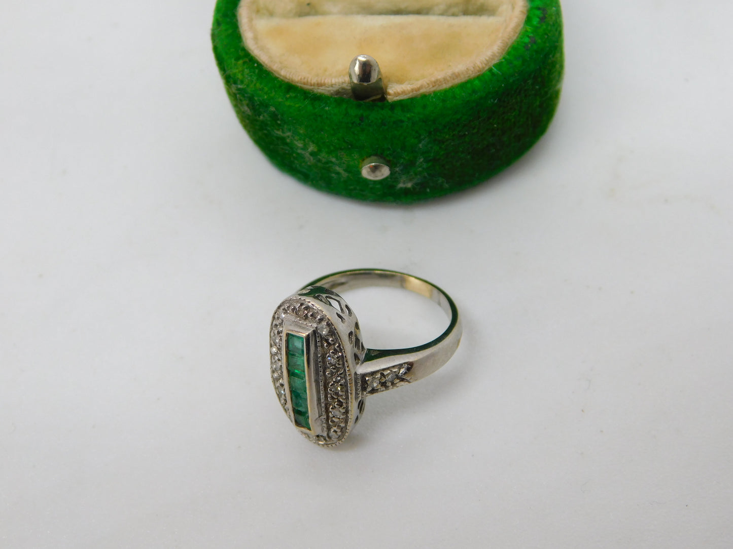 Art Deco 18ct Gold, Baguette Cut Emerald & Diamond Cocktail Ring Antique c1920