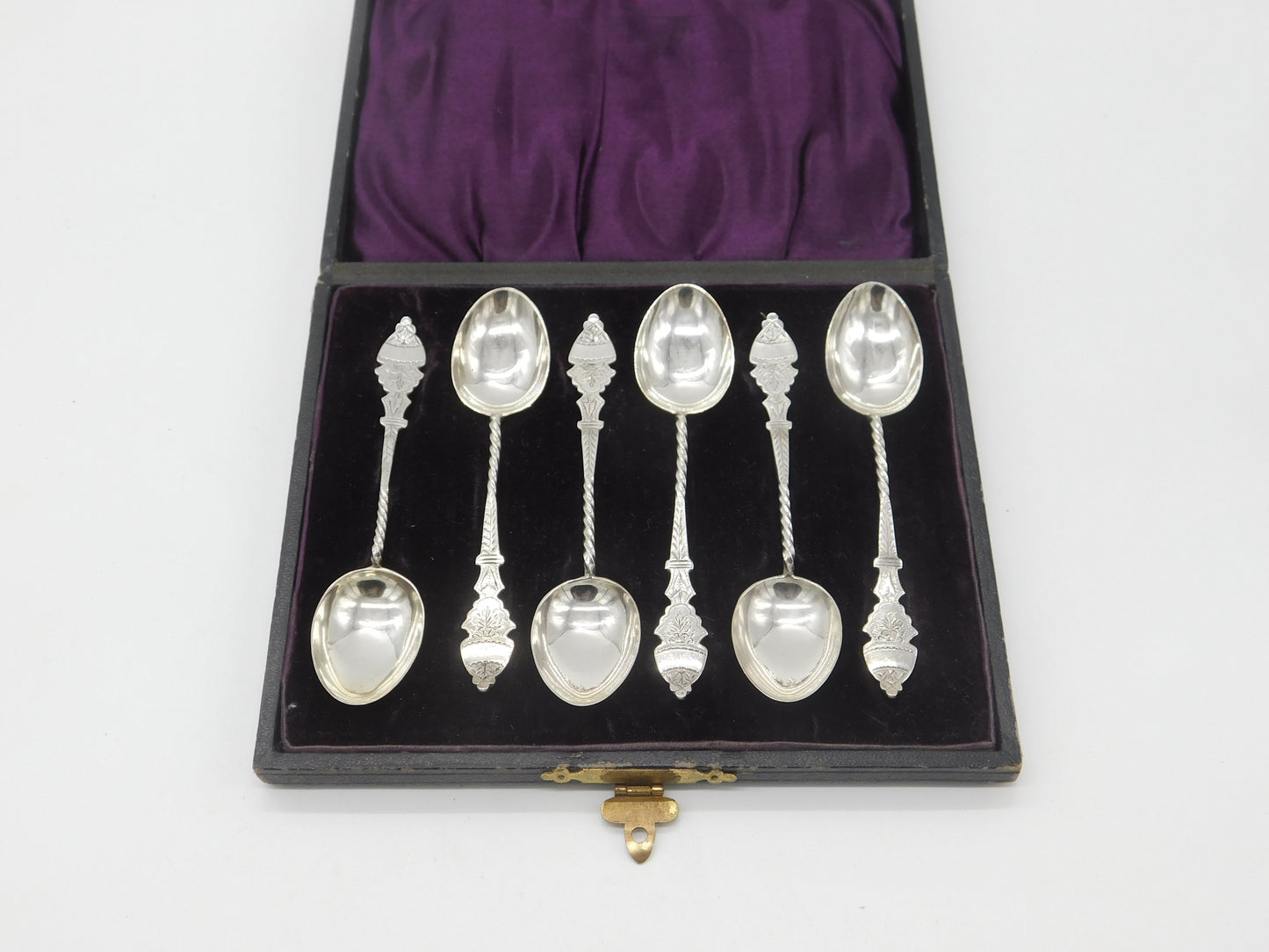 Boxed Set Victorian Sterling Silver Floral Teaspoons 1876 Birmingham Antique