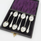 Boxed Set Victorian Sterling Silver Floral Teaspoons 1876 Birmingham Antique