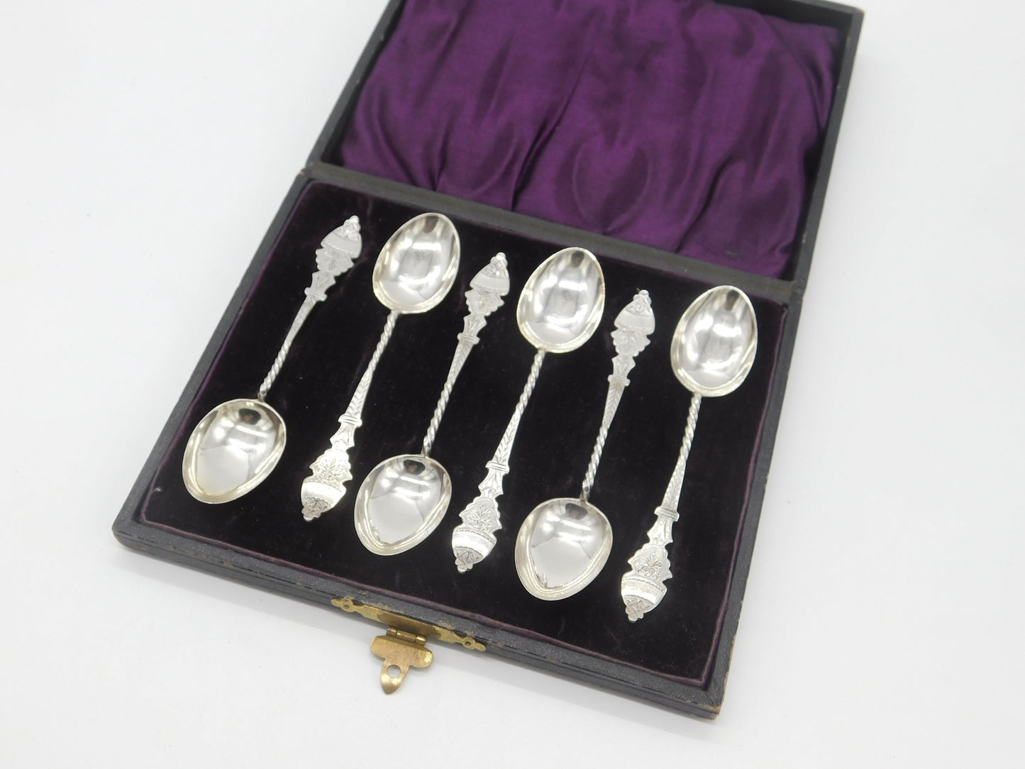 Boxed Set Victorian Sterling Silver Floral Teaspoons 1876 Birmingham Antique