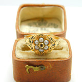 Victorian 15ct Gold, Seed Pearl, Rose Cut Diamond & Black Enamel Floral Ring c1860