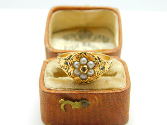 Victorian 15ct Gold, Seed Pearl, Rose Cut Diamond & Black Enamel Floral Ring c1860