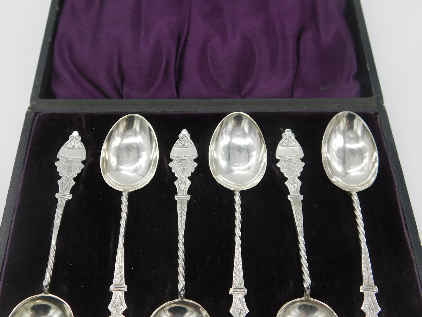 Boxed Set Victorian Sterling Silver Floral Teaspoons 1876 Birmingham Antique