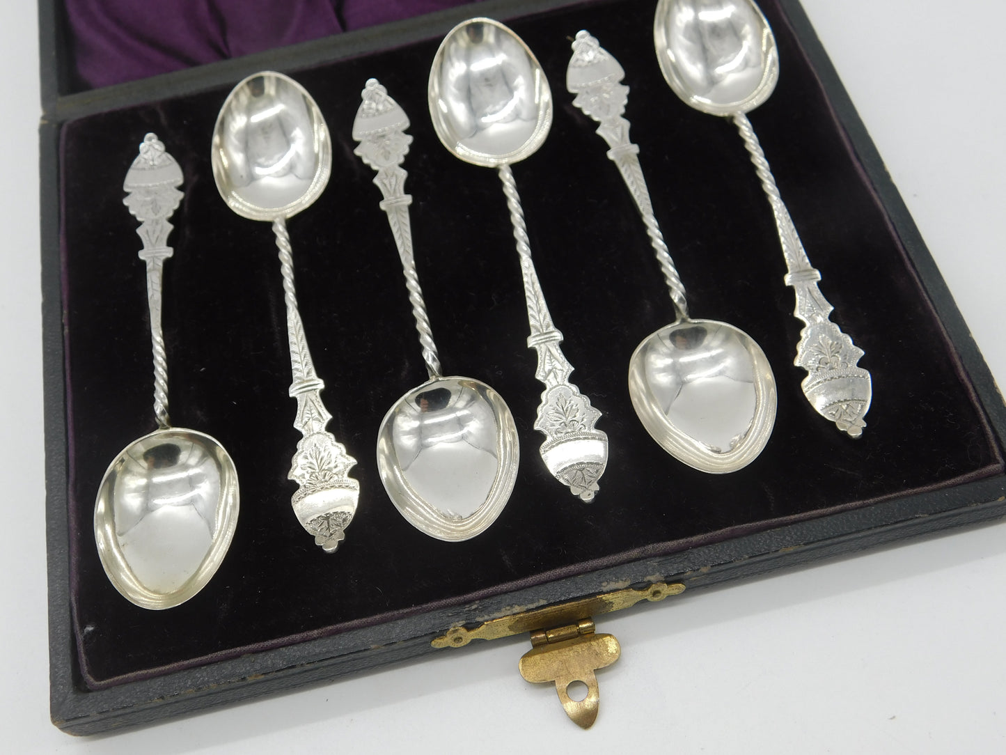 Boxed Set Victorian Sterling Silver Floral Teaspoons 1876 Birmingham Antique