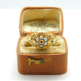 Victorian 15ct Gold, Seed Pearl, Rose Cut Diamond & Black Enamel Floral Ring c1860