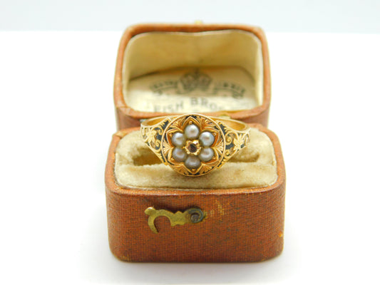 Victorian 15ct Gold, Seed Pearl, Rose Cut Diamond & Black Enamel Floral Ring c1860