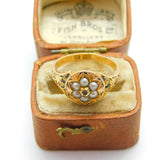 Victorian 15ct Gold, Seed Pearl, Rose Cut Diamond & Black Enamel Floral Ring c1860