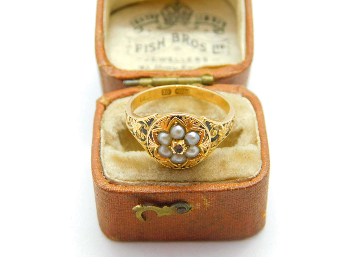 Victorian 15ct Gold, Seed Pearl, Rose Cut Diamond & Black Enamel Floral Ring c1860