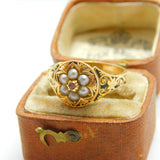 Victorian 15ct Gold, Seed Pearl, Rose Cut Diamond & Black Enamel Floral Ring c1860