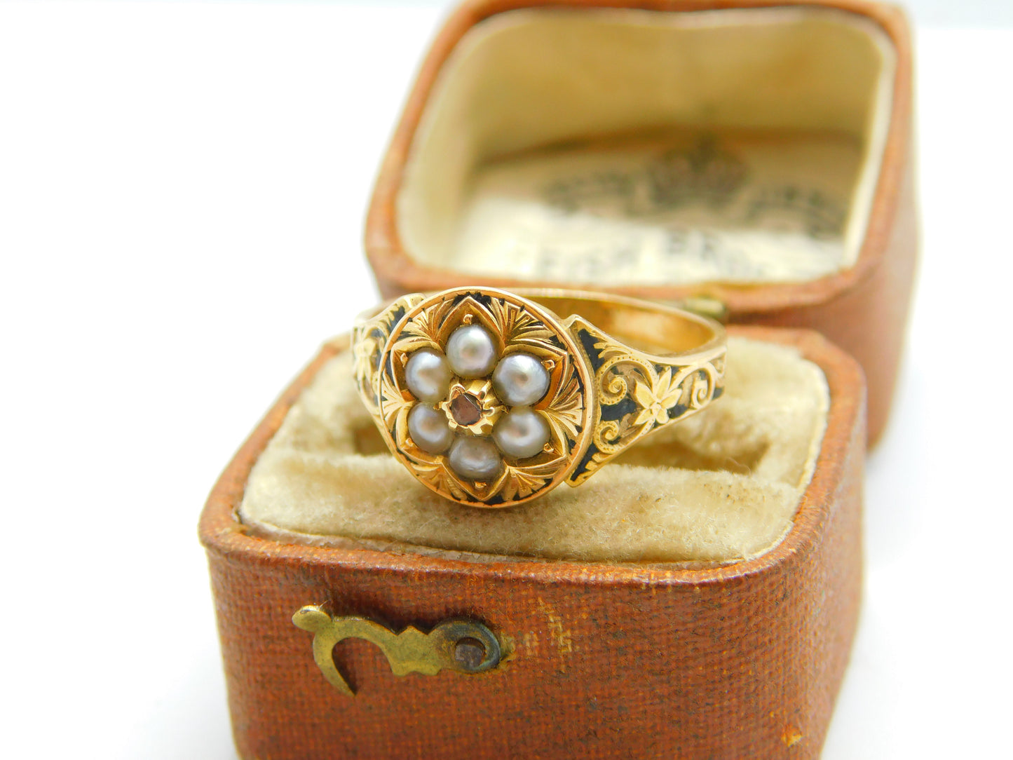 Victorian 15ct Gold, Seed Pearl, Rose Cut Diamond & Black Enamel Floral Ring c1860