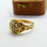 Victorian 15ct Gold, Seed Pearl, Rose Cut Diamond & Black Enamel Floral Ring c1860