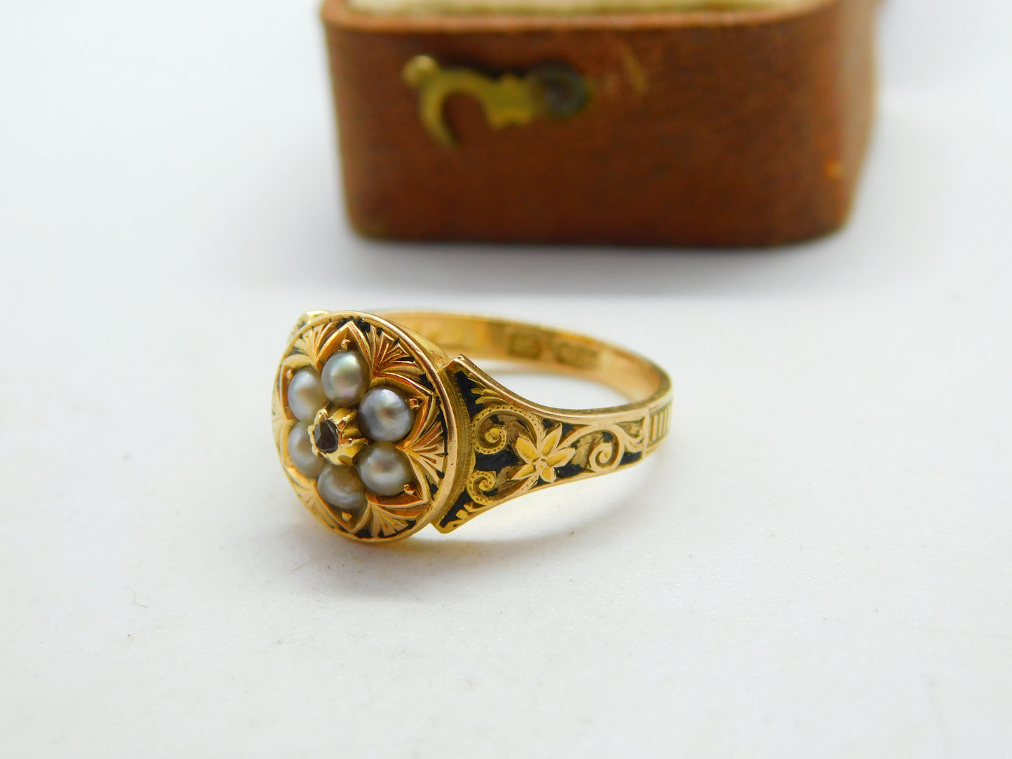 Victorian 15ct Gold, Seed Pearl, Rose Cut Diamond & Black Enamel Floral Ring c1860