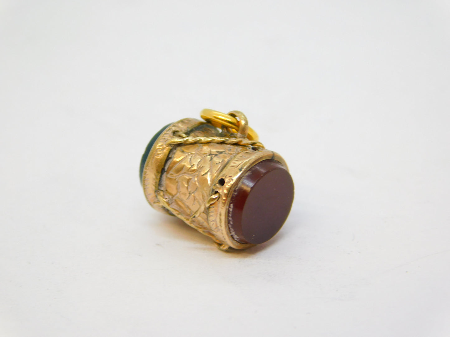 Victorian 9ct Rose Gold, Carnelian, Bloodstone Drum Form Charm Antique c1880