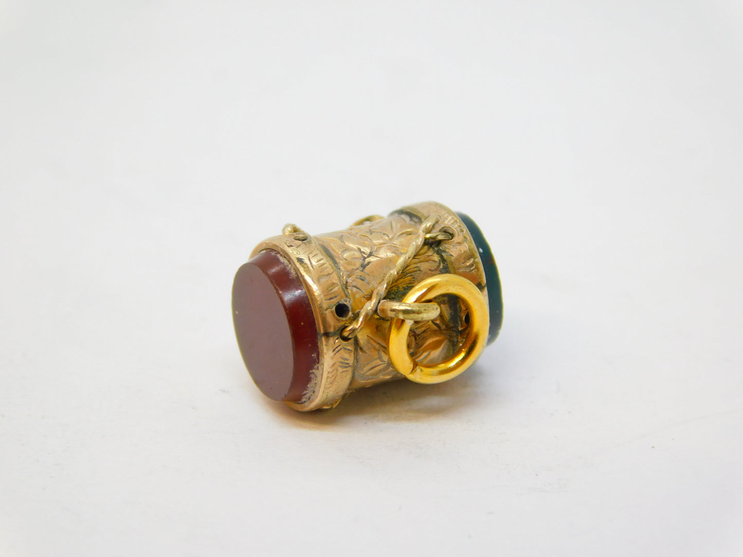 Victorian 9ct Rose Gold, Carnelian, Bloodstone Drum Form Charm Antique c1880