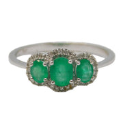 18ct White Gold, Three-Stone Emerald & Diamond Dress Ring Vintage c1990