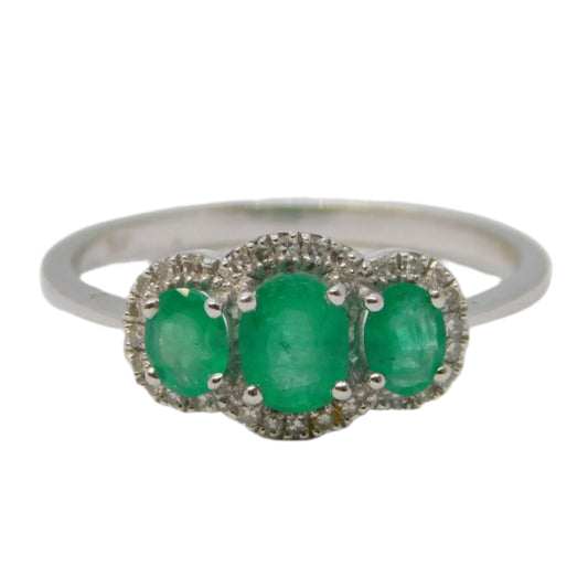 18ct White Gold, Three-Stone Emerald & Diamond Dress Ring Vintage c1990