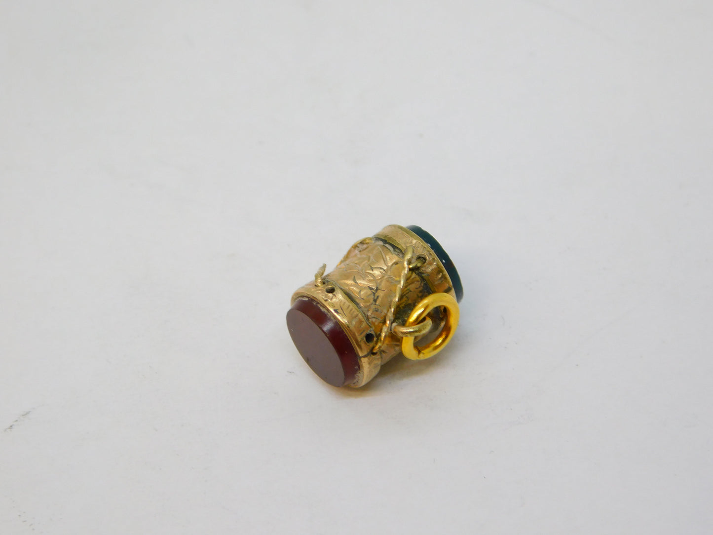 Victorian 9ct Rose Gold, Carnelian, Bloodstone Drum Form Charm Antique c1880