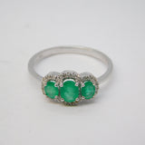 18ct White Gold, Three-Stone Emerald & Diamond Dress Ring Vintage c1990