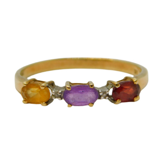 9ct Yellow Gold, Garnet, Amethyst, Citrine, Diamond Dress Ring Vintage 1996 London