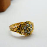 Victorian 15ct Gold, Seed Pearl, Rose Cut Diamond & Black Enamel Floral Ring c1860