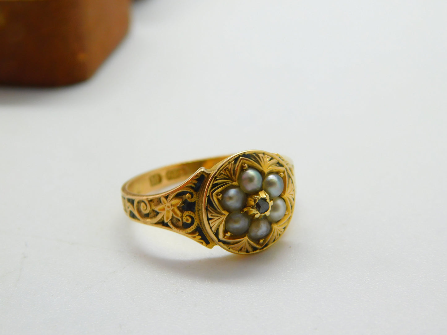 Victorian 15ct Gold, Seed Pearl, Rose Cut Diamond & Black Enamel Floral Ring c1860