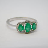 18ct White Gold, Three-Stone Emerald & Diamond Dress Ring Vintage c1990