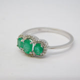 18ct White Gold, Three-Stone Emerald & Diamond Dress Ring Vintage c1990