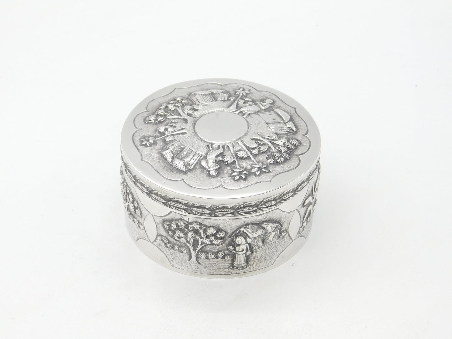 Indian Victorian Sterling Silver Large Trinket Box Rural Embossed Scenes c1890