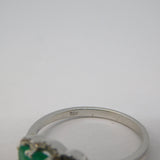 18ct White Gold, Three-Stone Emerald & Diamond Dress Ring Vintage c1990