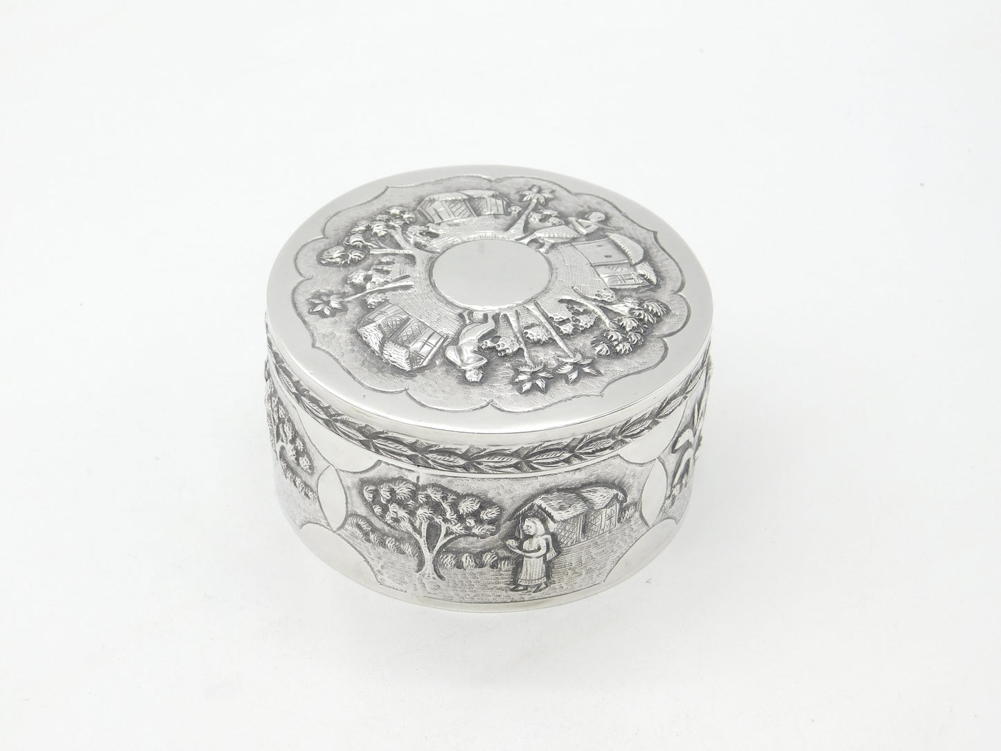 Indian Victorian Sterling Silver Large Trinket Box Rural Embossed Scenes c1890