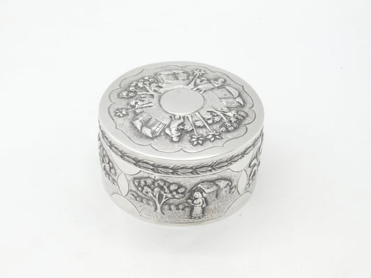 Indian Victorian Sterling Silver Large Trinket Box Rural Embossed Scenes c1890