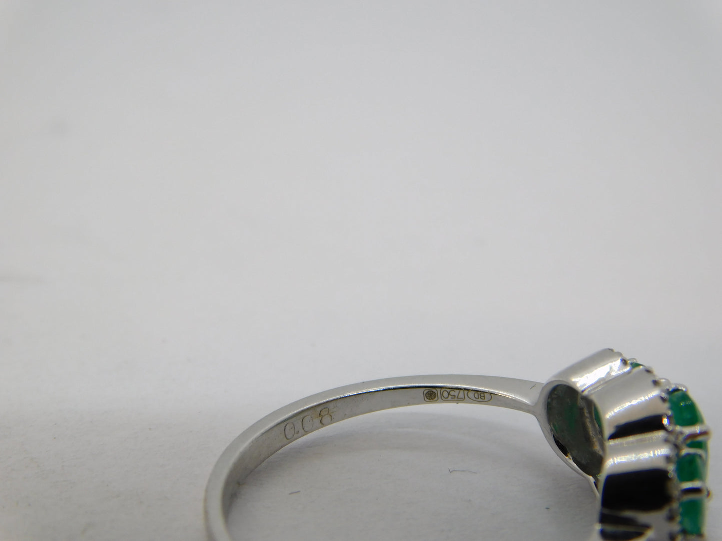 18ct White Gold, Three-Stone Emerald & Diamond Dress Ring Vintage c1990