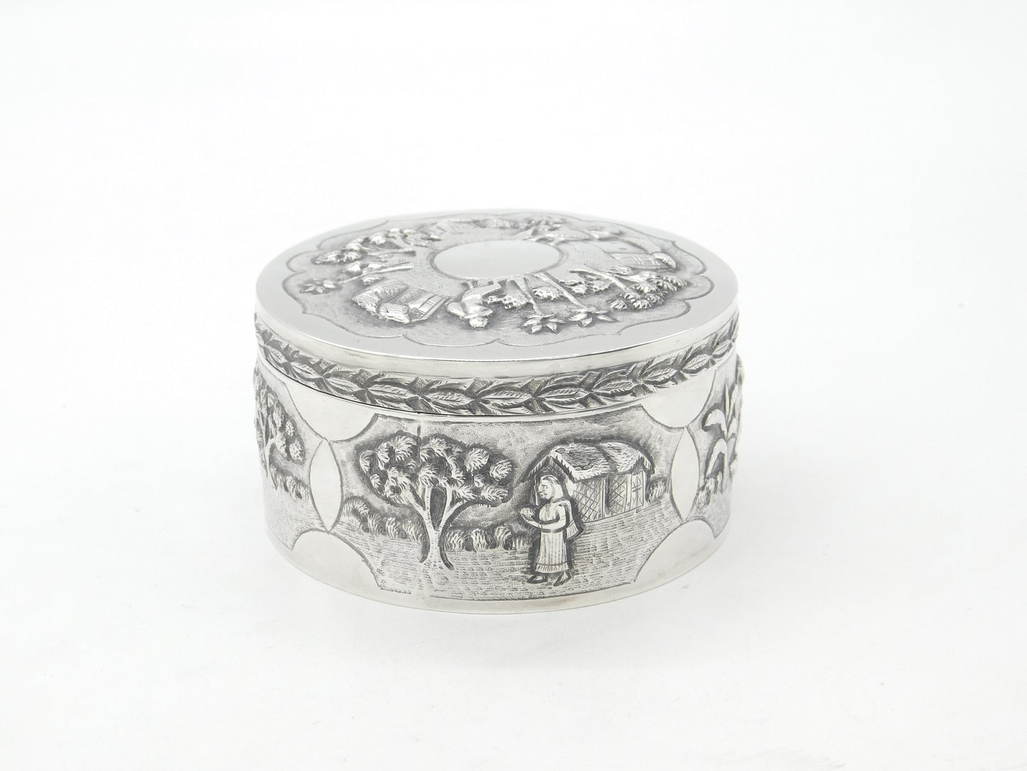 Indian Victorian Sterling Silver Large Trinket Box Rural Embossed Scenes c1890