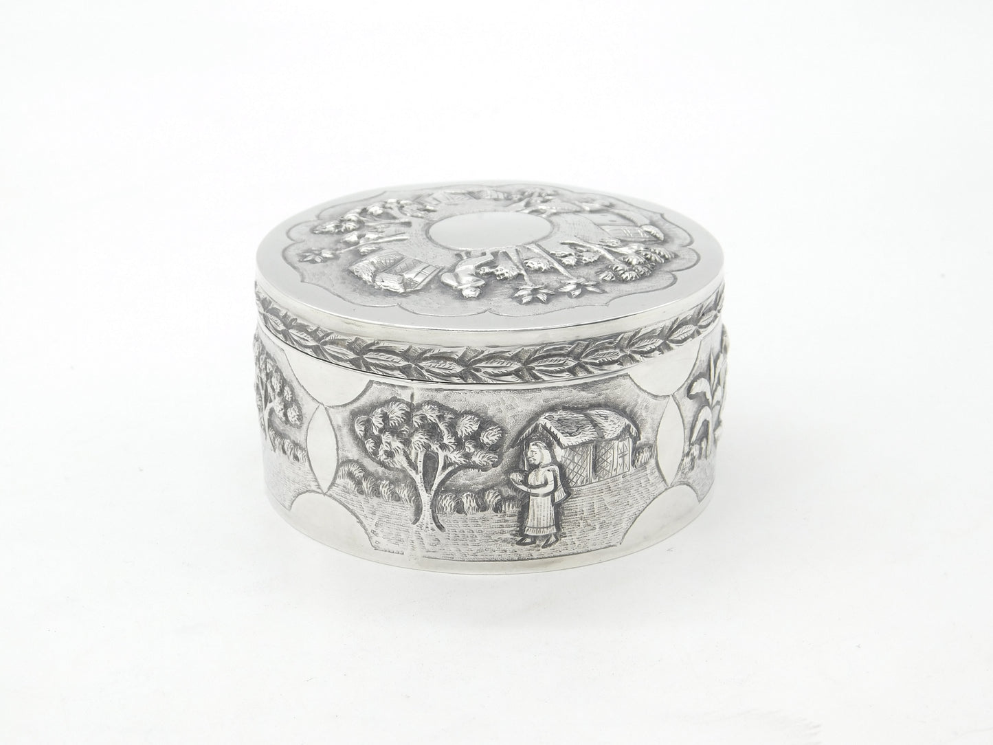 Indian Victorian Sterling Silver Large Trinket Box Rural Embossed Scenes c1890