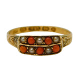Victorian 15ct Gold, Coral, Seed Pearl Mourning Ring 'Anna, 1870' Antique