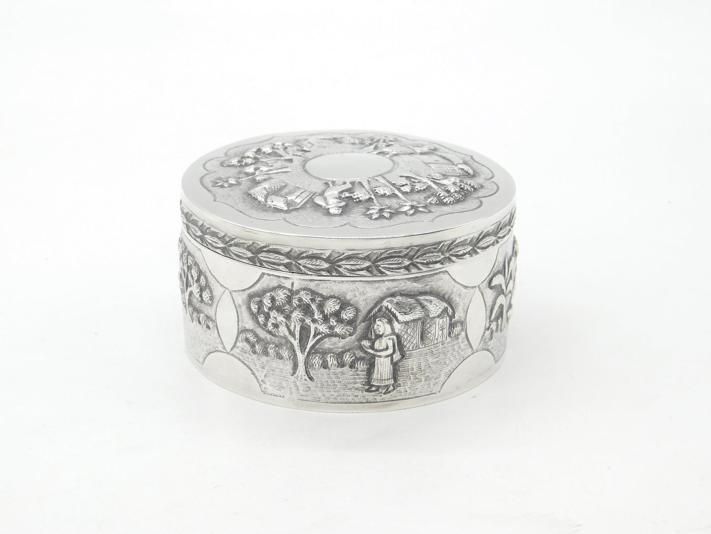 Indian Victorian Sterling Silver Large Trinket Box Rural Embossed Scenes c1890