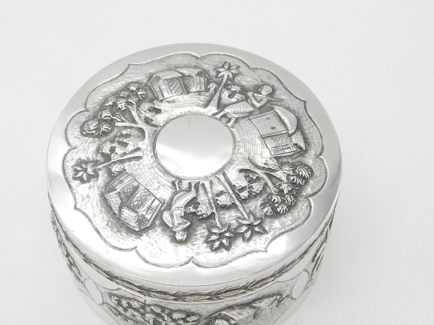 Indian Victorian Sterling Silver Large Trinket Box Rural Embossed Scenes c1890