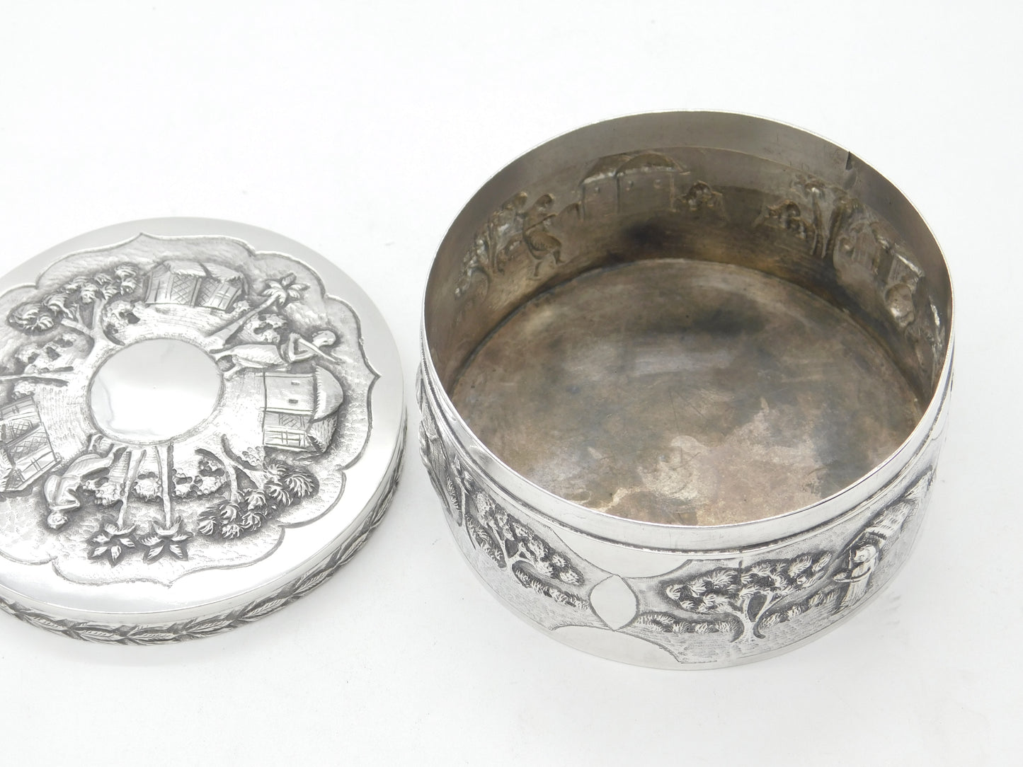 Indian Victorian Sterling Silver Large Trinket Box Rural Embossed Scenes c1890