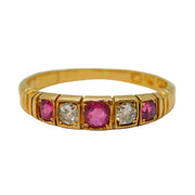 Victorian 18ct Yellow Gold, Ruby & Diamond Five-Stone Ring Antique 1894 Birmingham