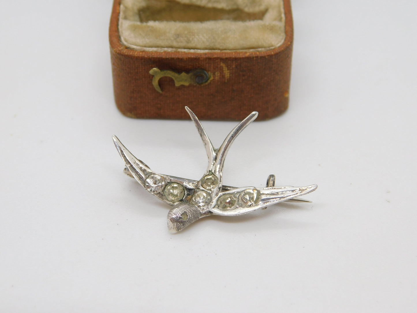 Victorian Sterling Silver Paste Set Swallow Sweetheart Brooch Antique c1890