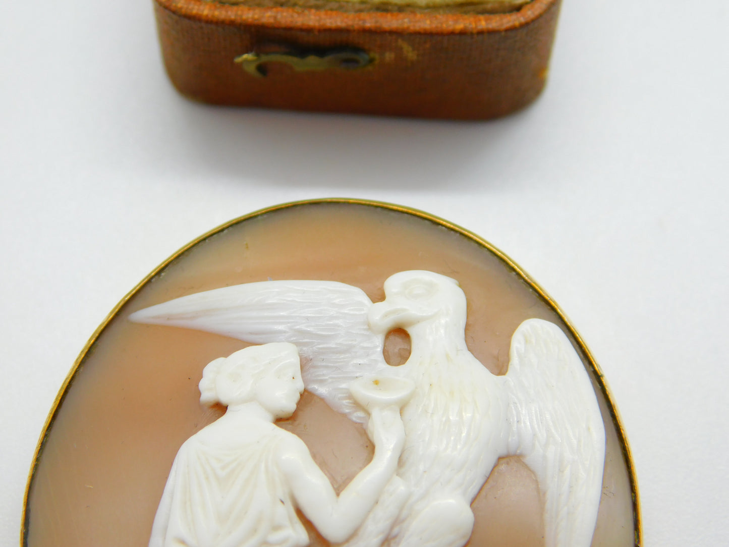 Victorian 9ct Rose Gold Carved Shell Cameo Hebe Feeding Eagle Brooch c1850