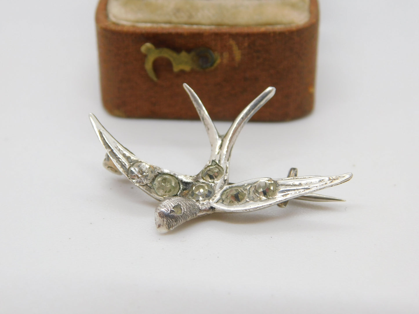 Victorian Sterling Silver Paste Set Swallow Sweetheart Brooch Antique c1890