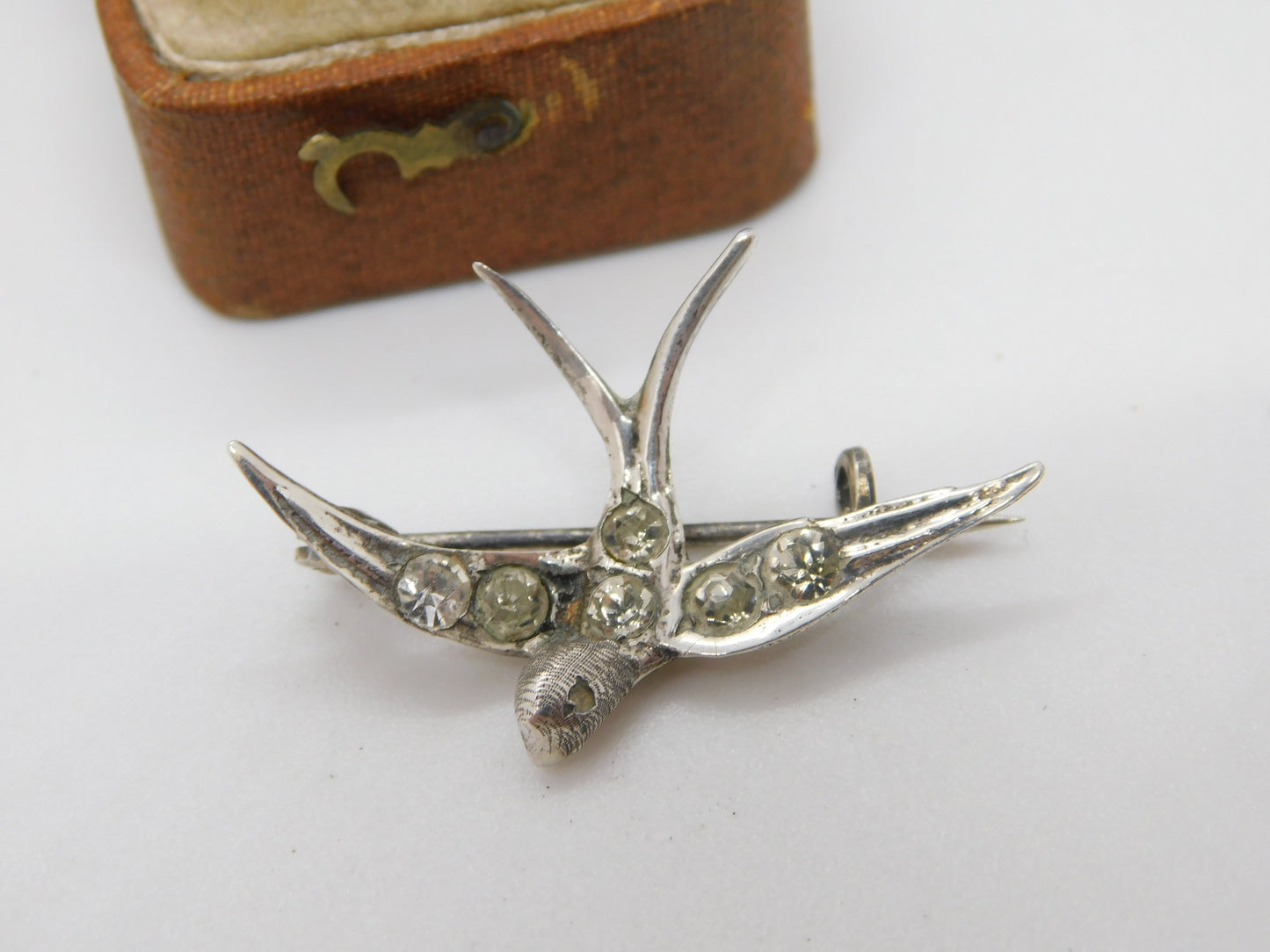 Victorian Sterling Silver Paste Set Swallow Sweetheart Brooch Antique c1890