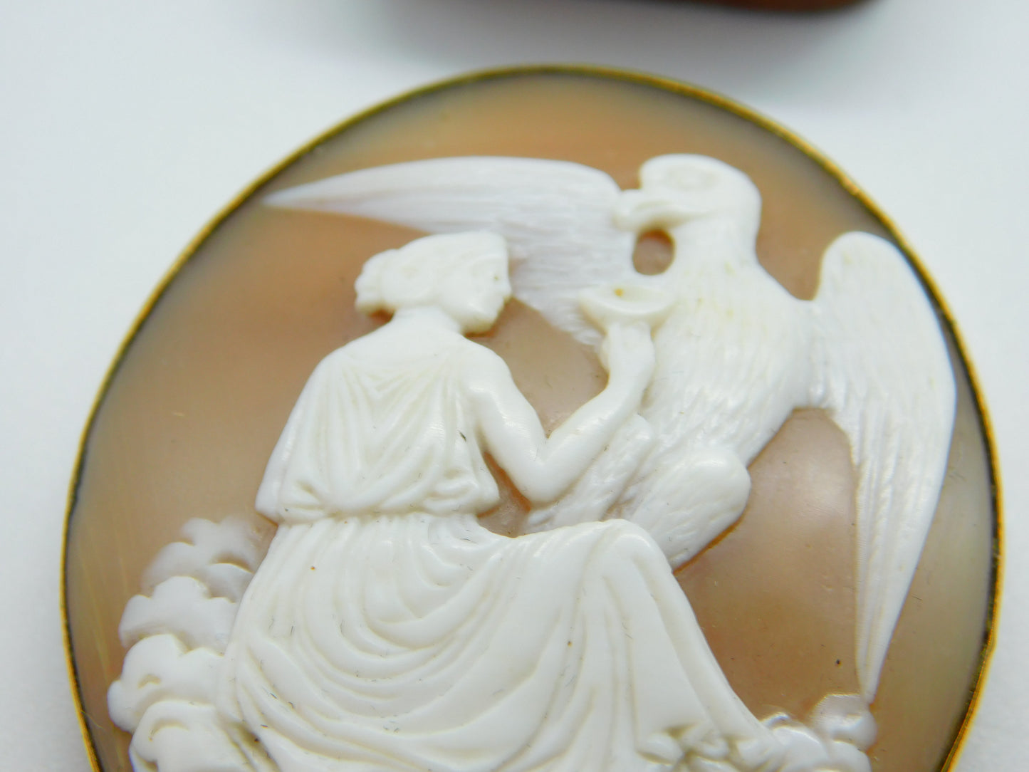 Victorian 9ct Rose Gold Carved Shell Cameo Hebe Feeding Eagle Brooch c1850