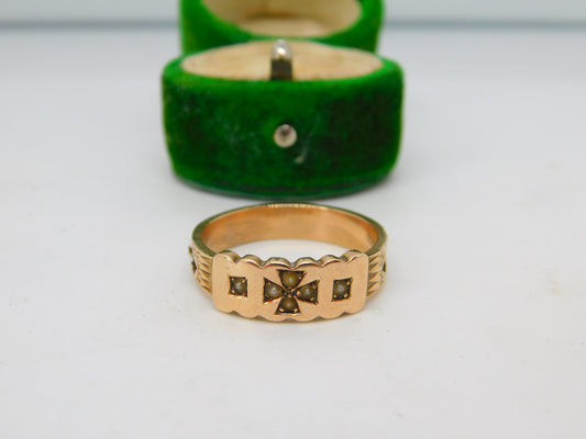 Victorian 9ct Rose Gold Hair Set Maltese Cross Mourning Ring Antique c1860