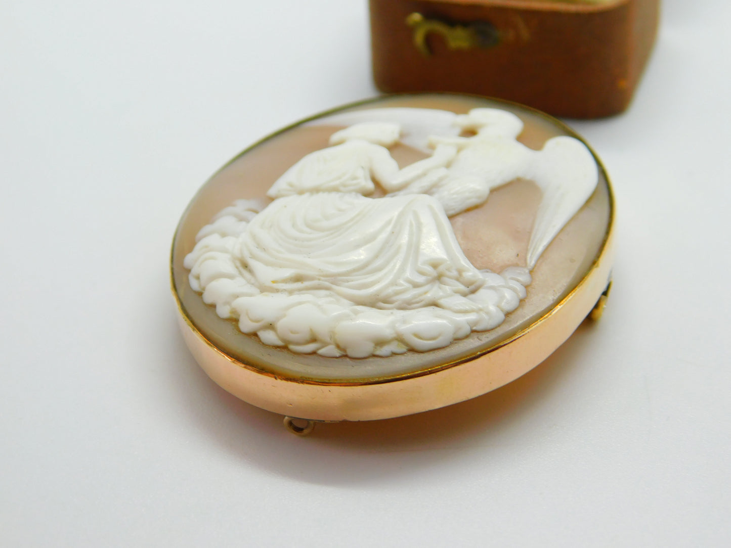 Victorian 9ct Rose Gold Carved Shell Cameo Hebe Feeding Eagle Brooch c1850