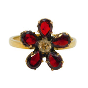 Victorian 9ct Gold, Garnet & 0.1ct Diamond Floral Dress Ring Antique c1860